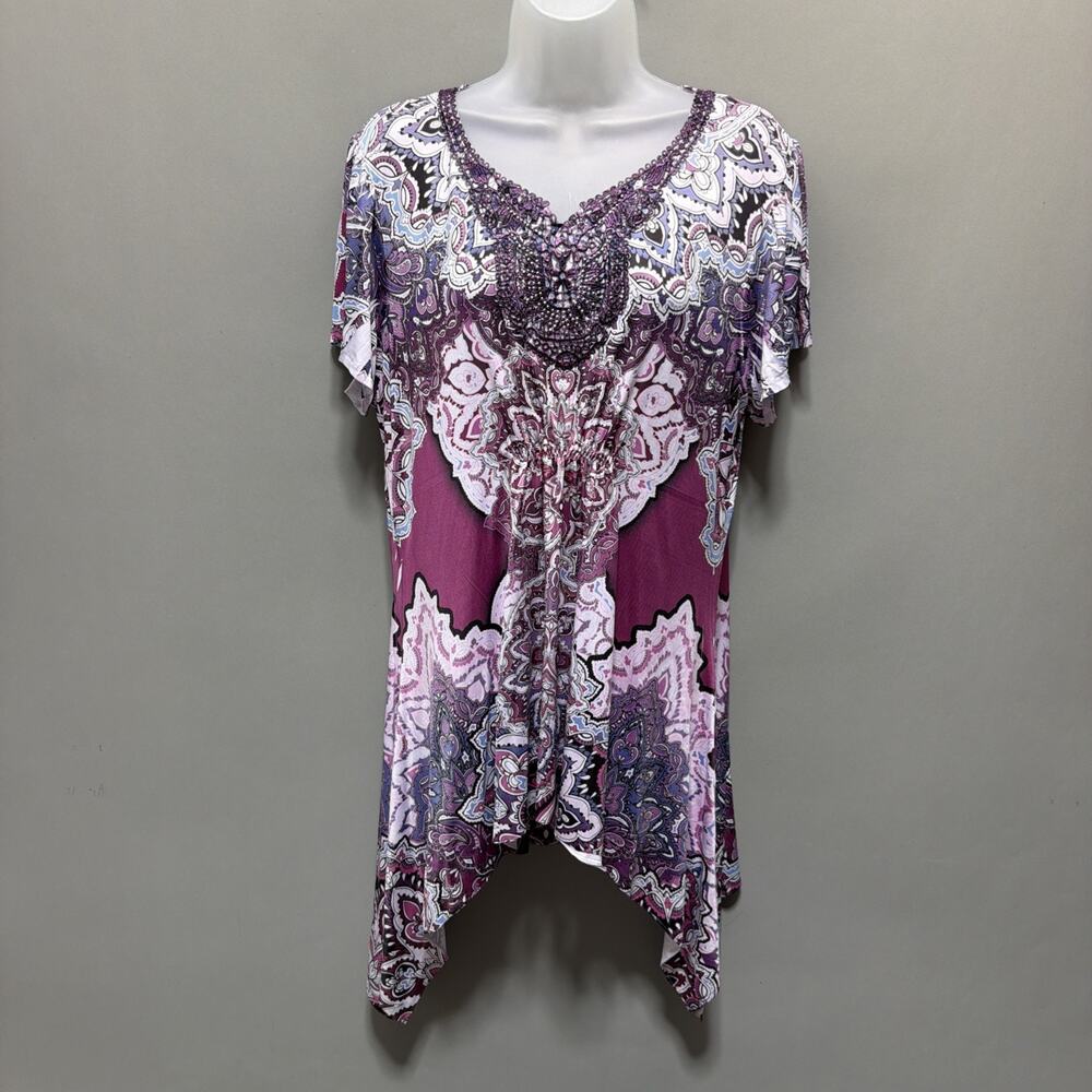 World Unity Paisley Embroidered Studded Tunic Top Stretch Sz L NWT
